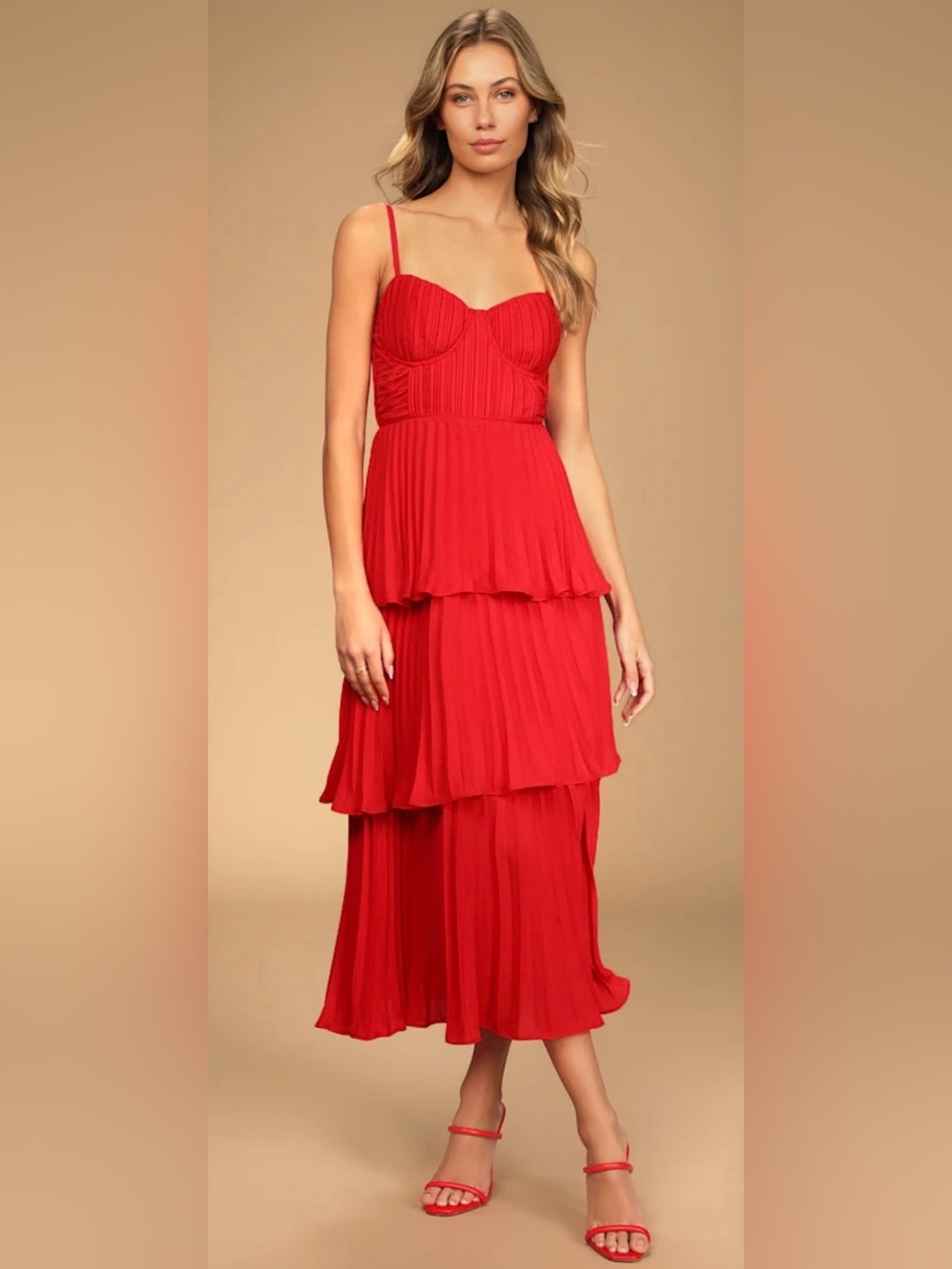 Lulu’s Cascading Crush Red Tiered Bustier Midi Dress